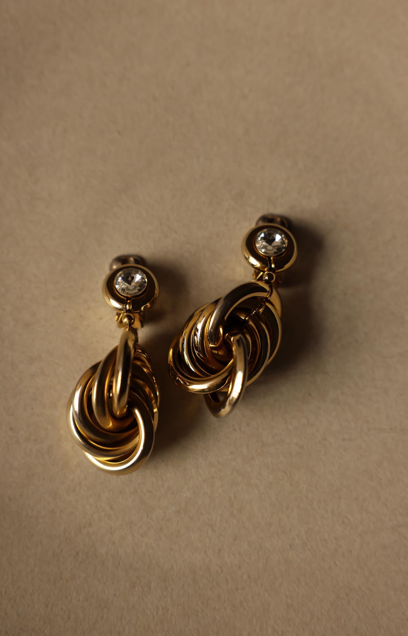 Golden Knot Clip-On Earrings with Rhinestone Accents|Vintage Baazaar 