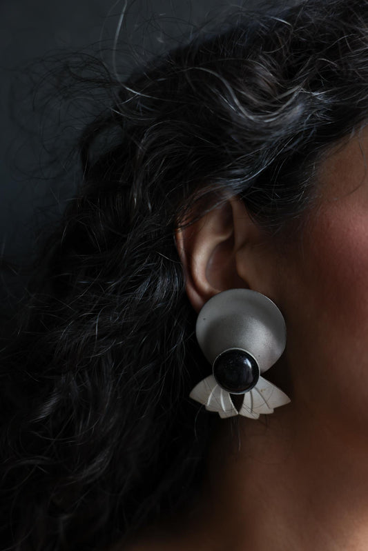 Art Deco Fan Clip-On Earrings with Black Cabochon