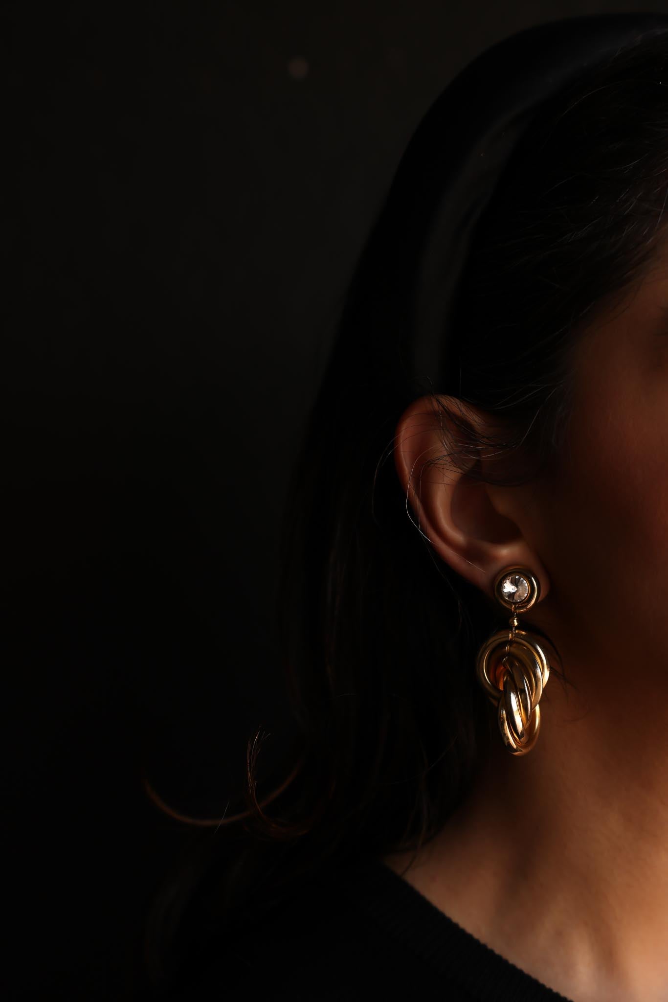 Golden Knot Clip-On Earrings with Rhinestone Accents|Vintage Baazaar 