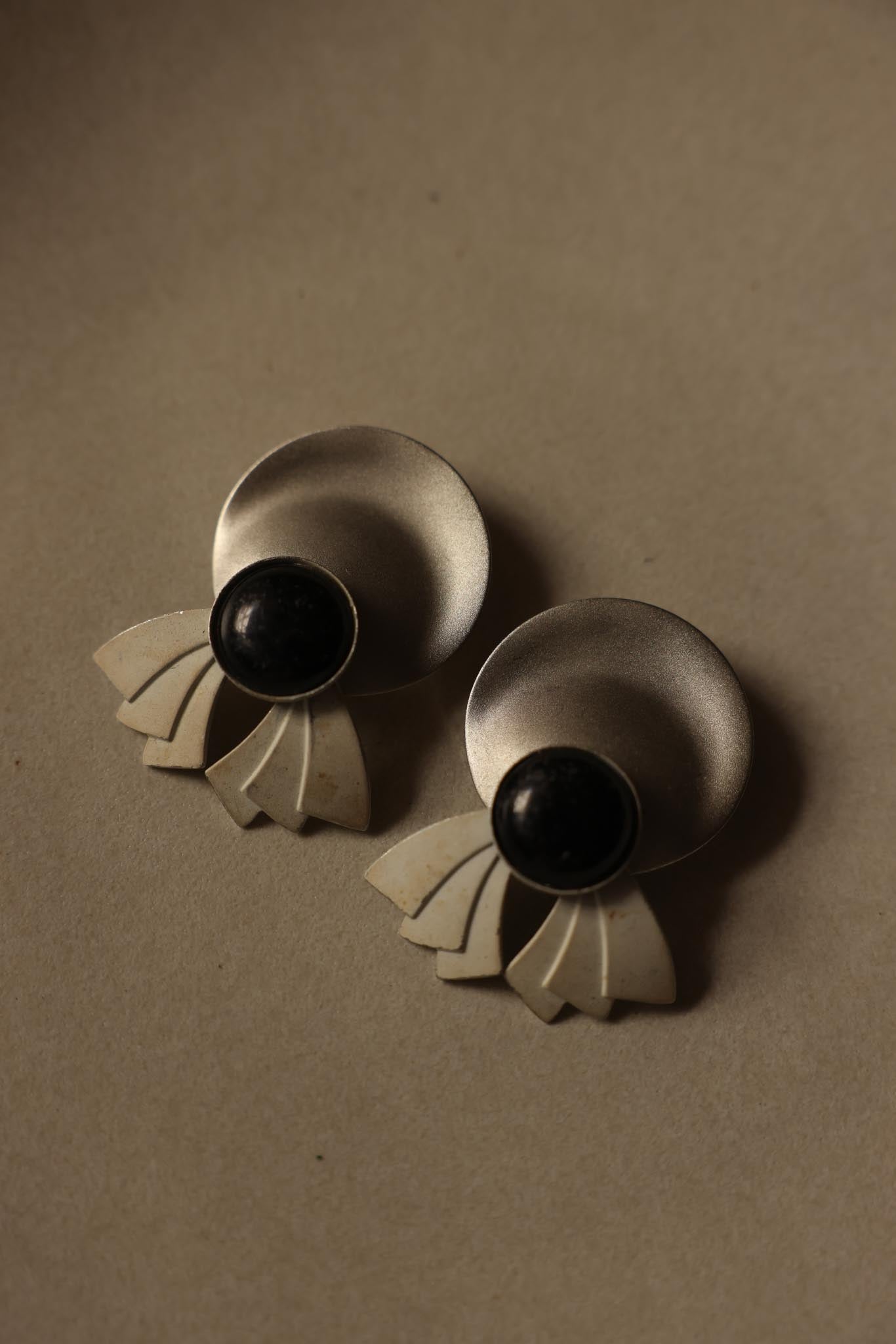 Art Deco Fan Clip-On Earrings with Black Cabochon