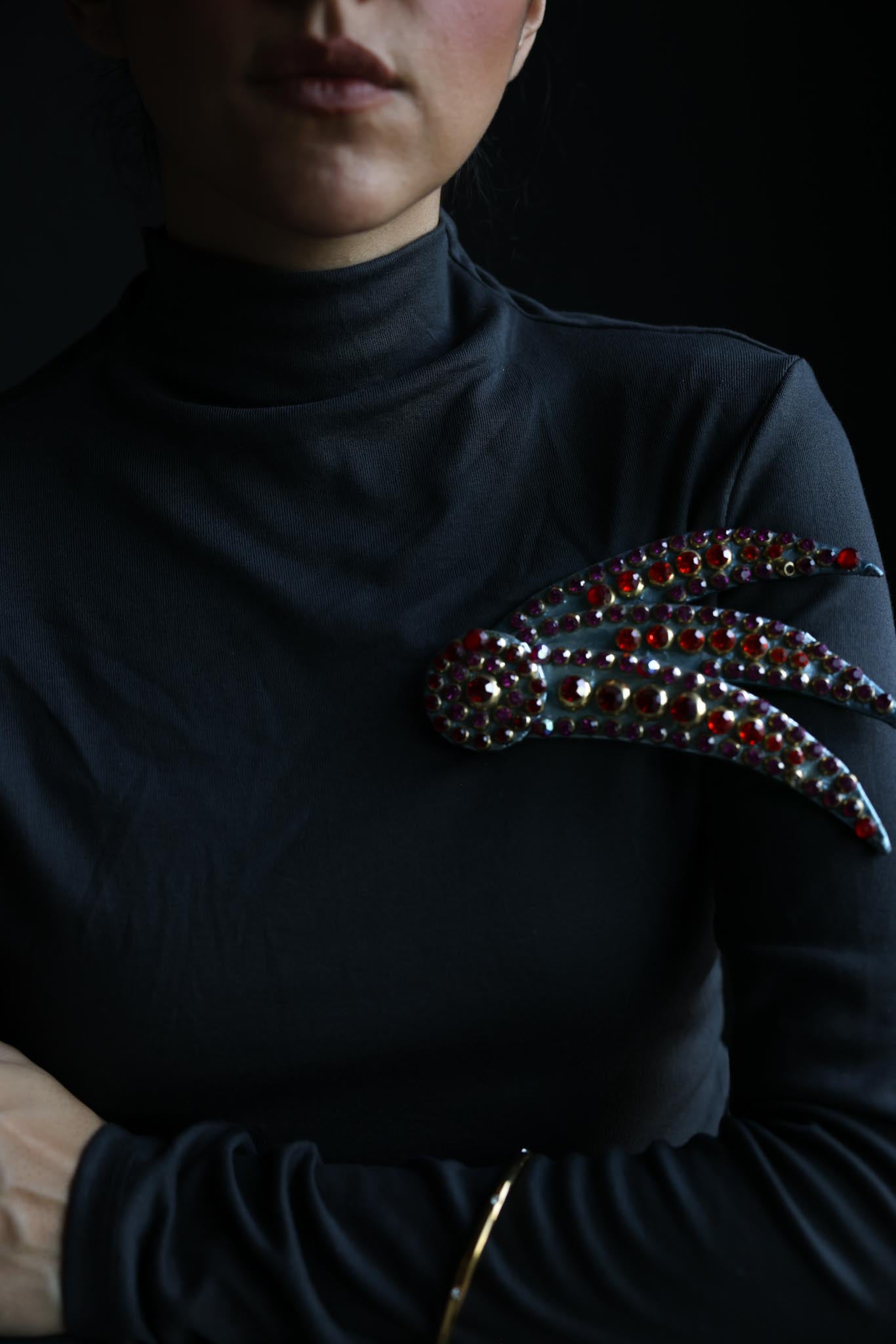 Leather Statement Brooch with Red and Purple Rhinestones