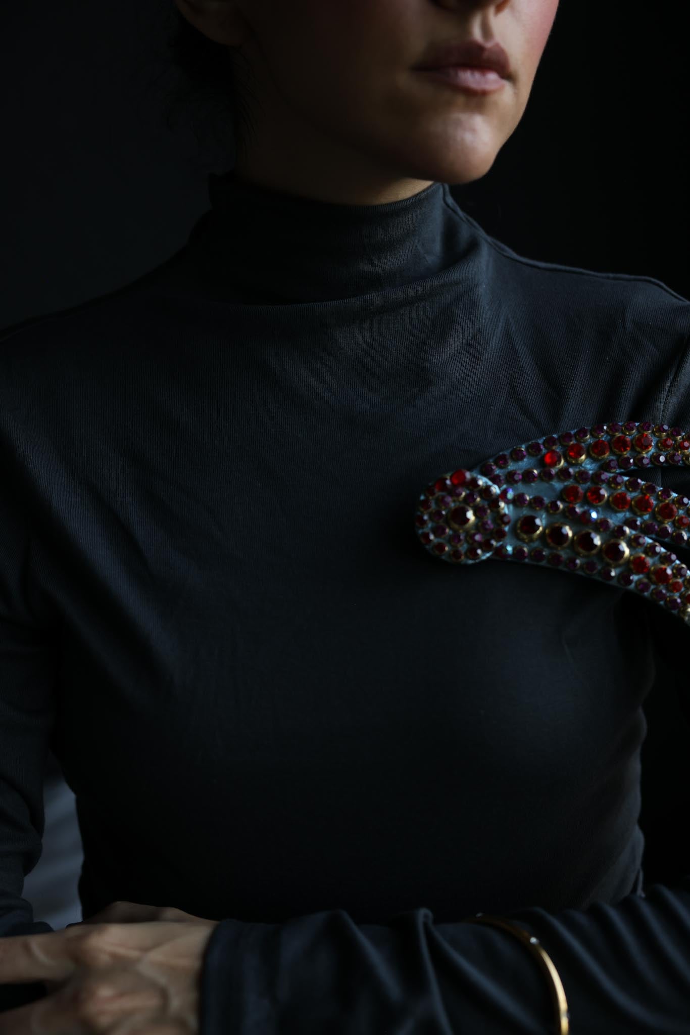 Leather Statement Brooch with Red and Purple Rhinestones