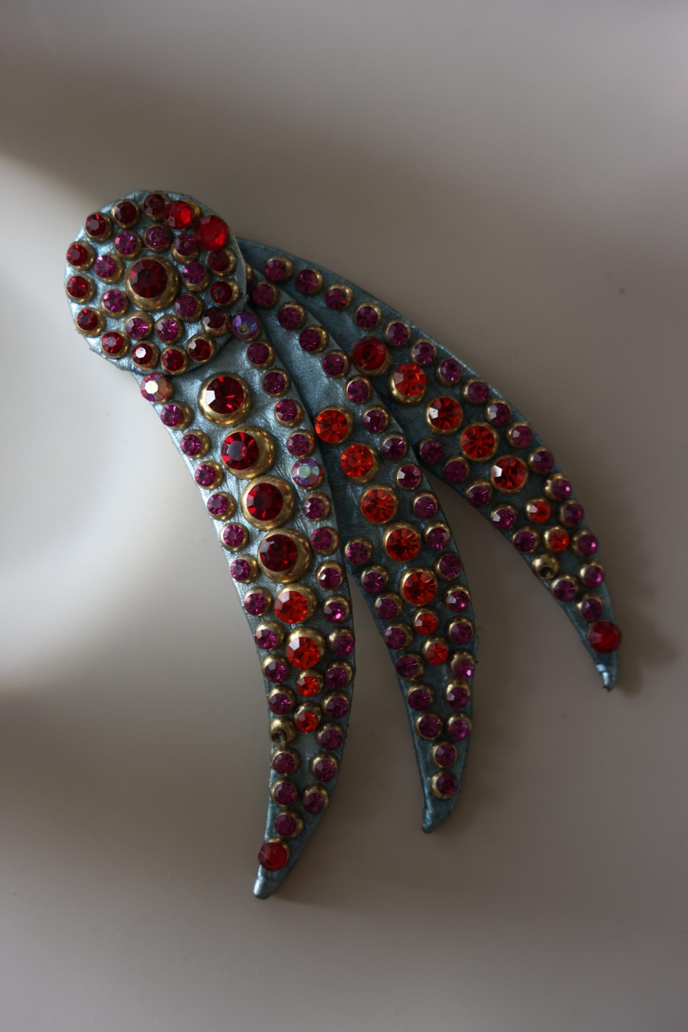 Leather Statement Brooch with Red and Purple Rhinestones