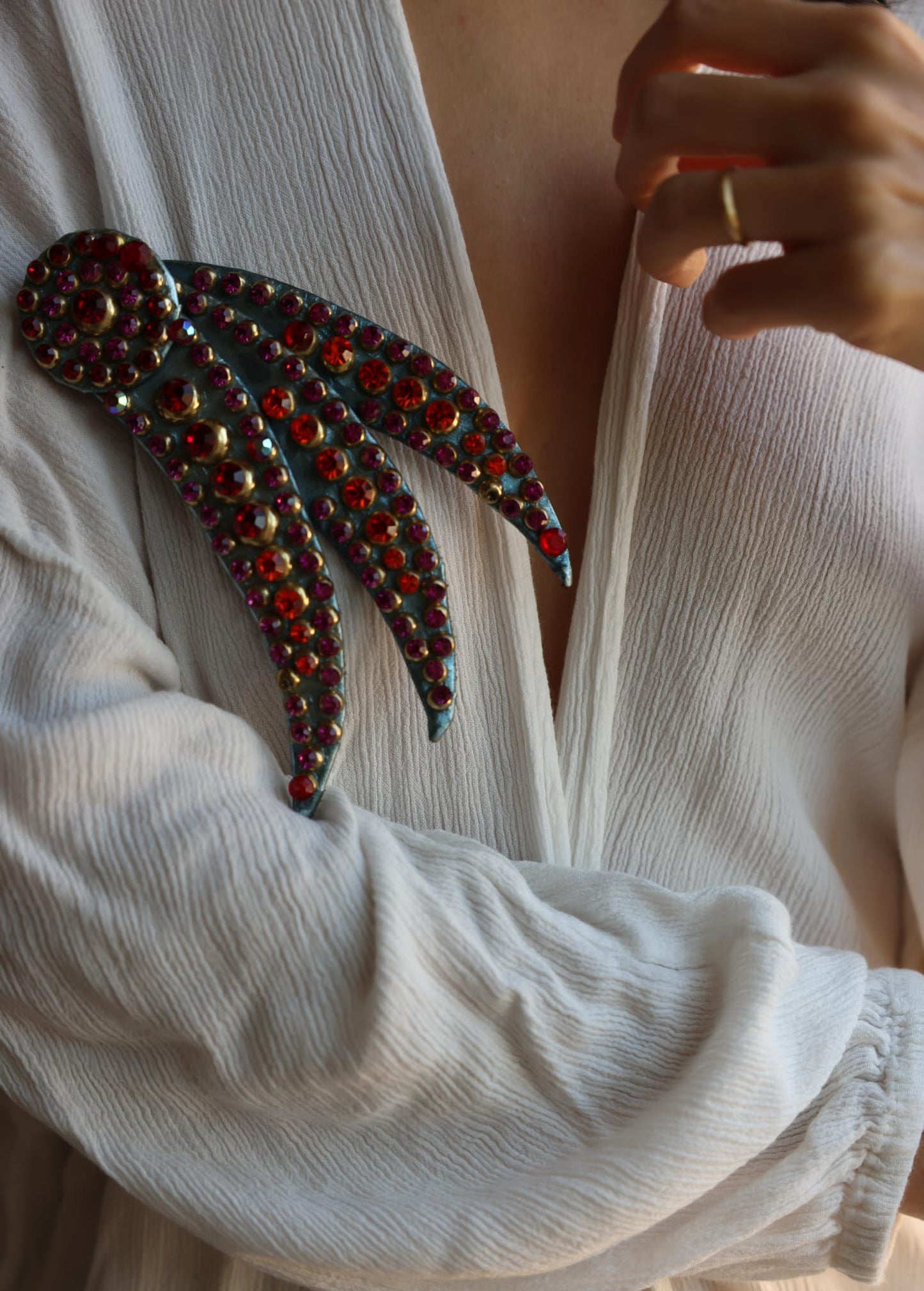 Leather Statement Brooch with Red and Purple Rhinestones
