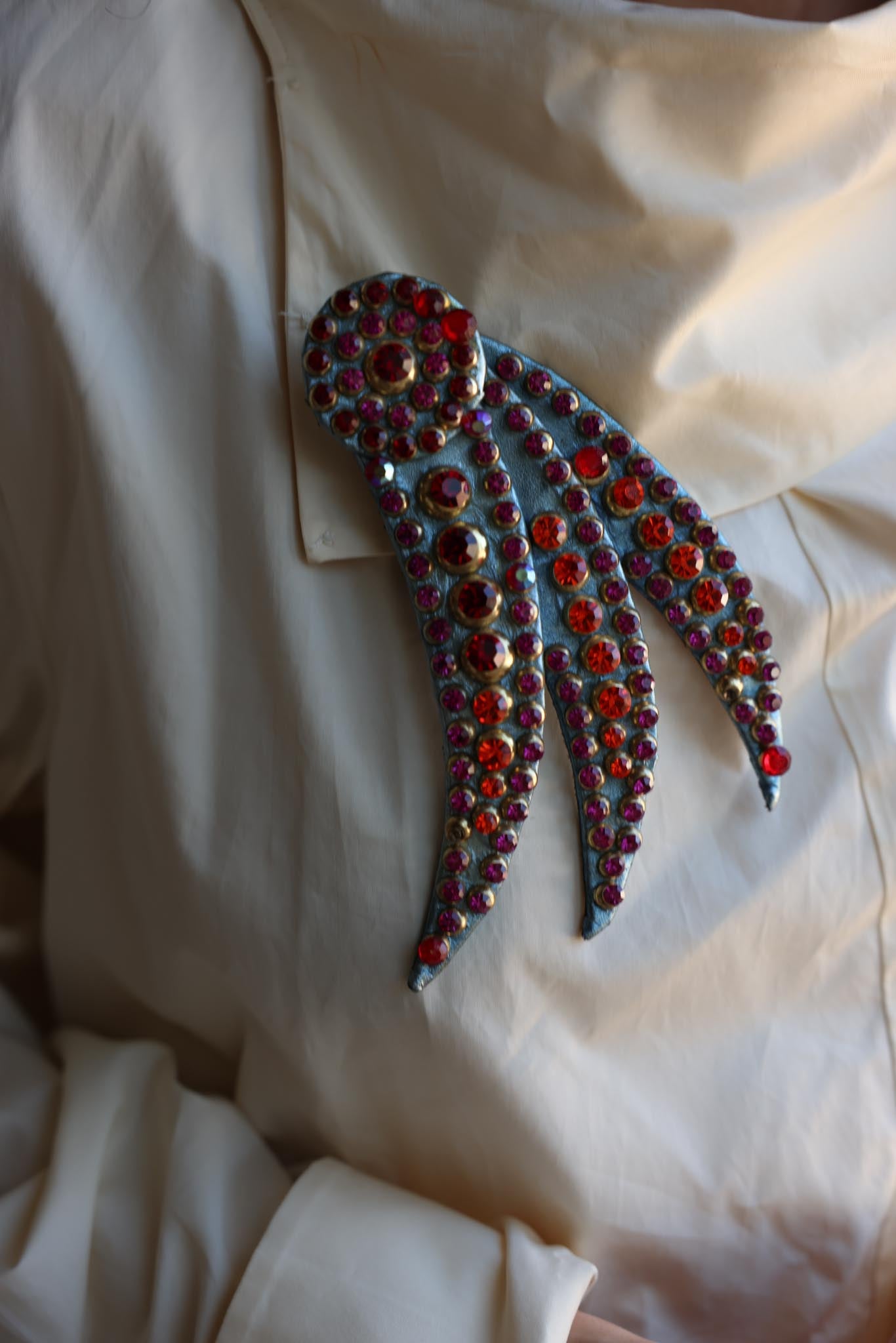 Leather Statement Brooch with Red and Purple Rhinestones