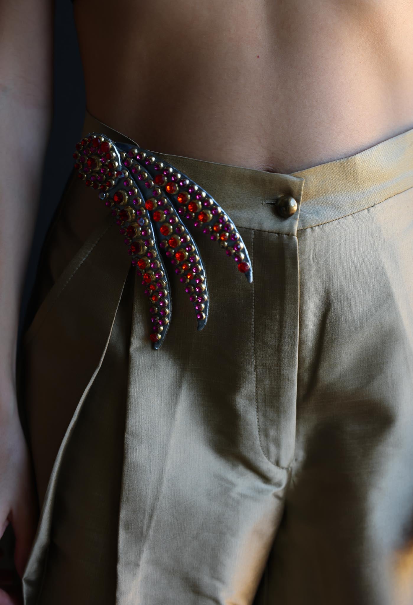 Leather Statement Brooch with Red and Purple Rhinestones