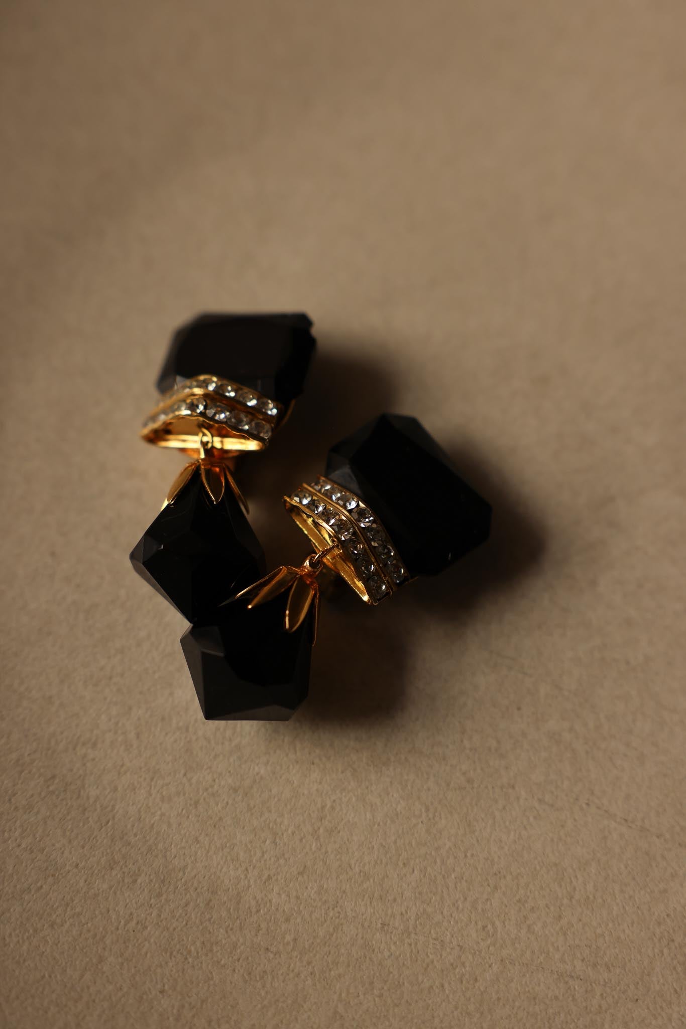Black Glass Drop Earrings with Rhinestone Accents|Vintage Baazaar 