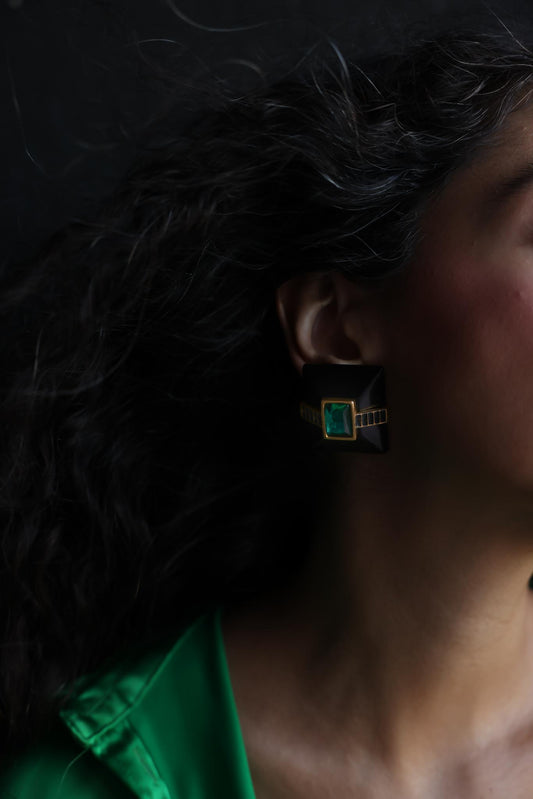 Geometric Black and Gold Clip-On Earrings with Green Accent
