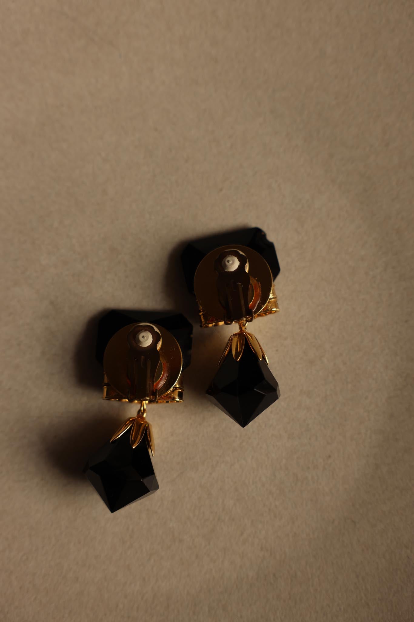 Black Glass Drop Earrings with Rhinestone Accents|Vintage Baazaar 