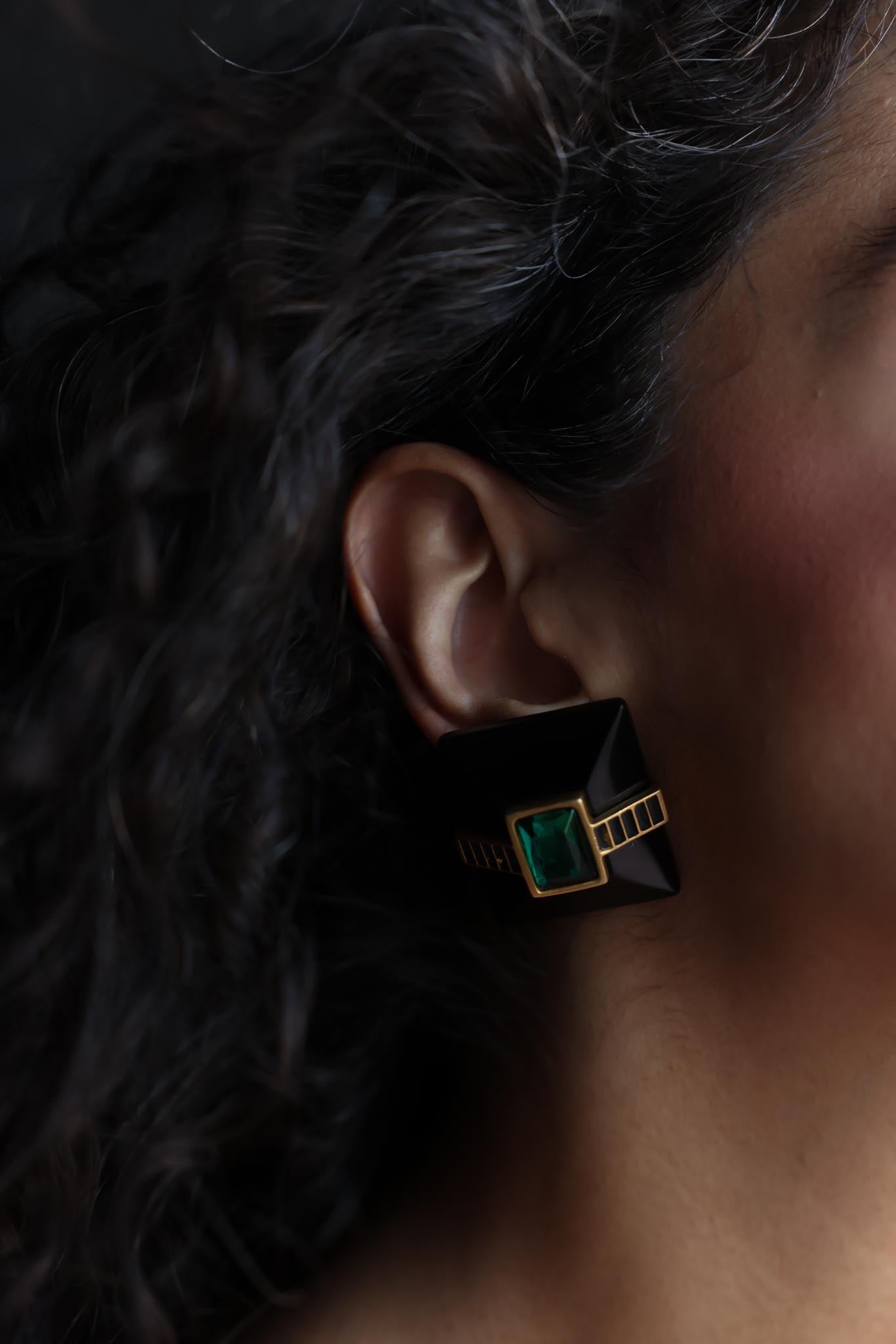 Geometric Black and Gold Clip-On Earrings with Green Accent