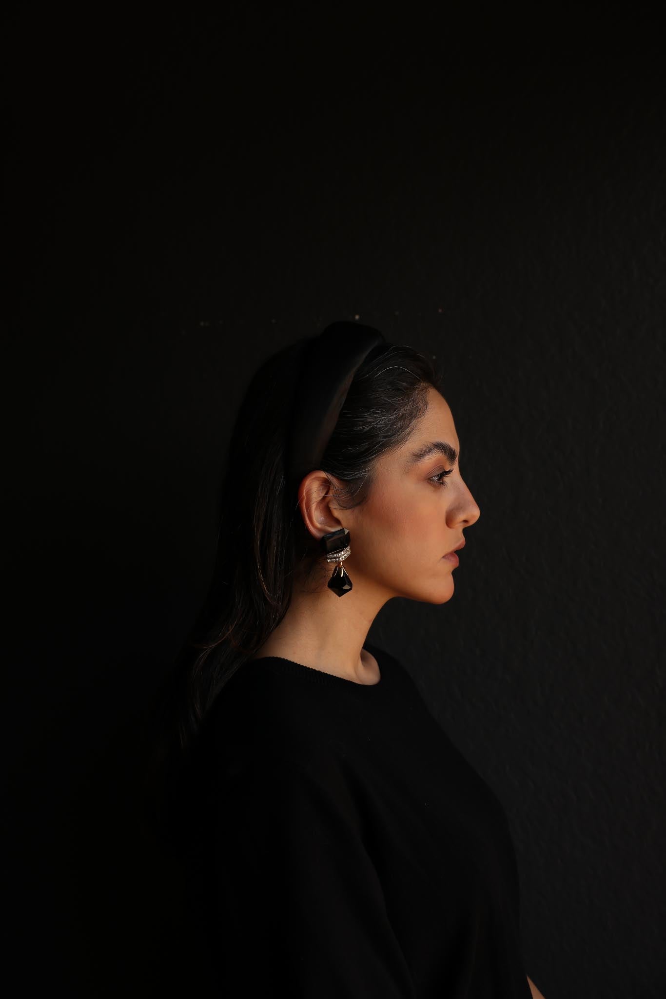 Black Glass Drop Earrings with Rhinestone Accents|Vintage Baazaar 