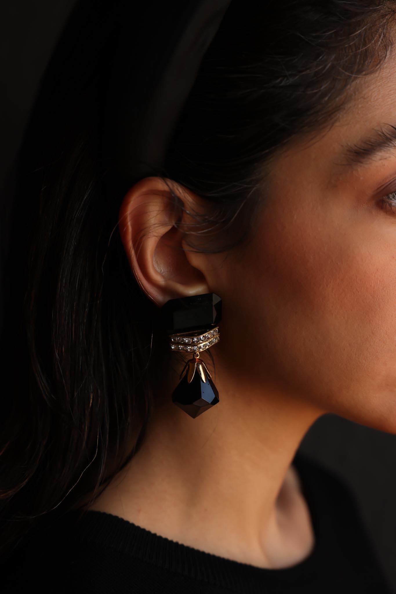 Black Glass Drop Earrings with Rhinestone Accents|Vintage Baazaar 