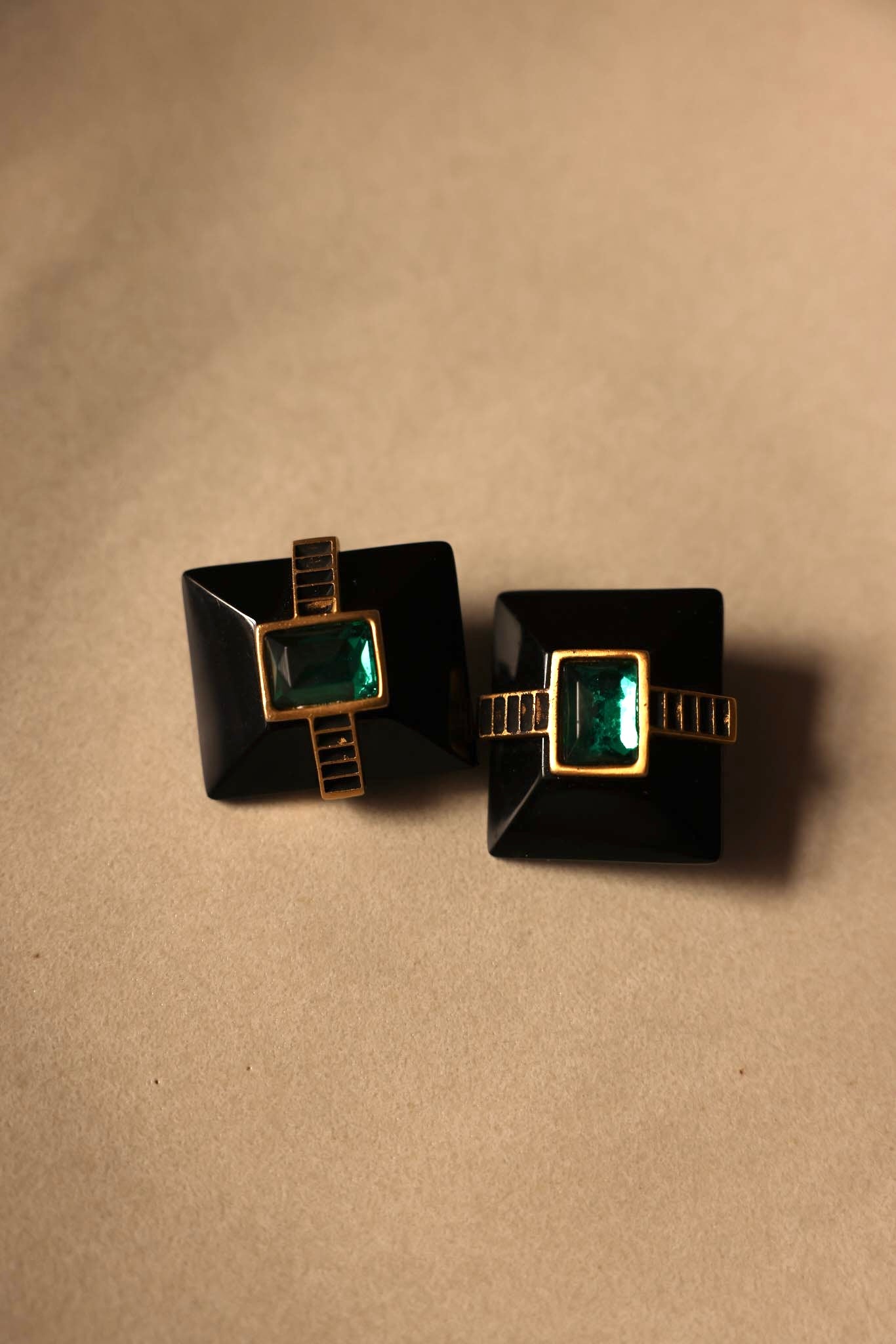 Geometric Black and Gold Clip-On Earrings with Green Accent