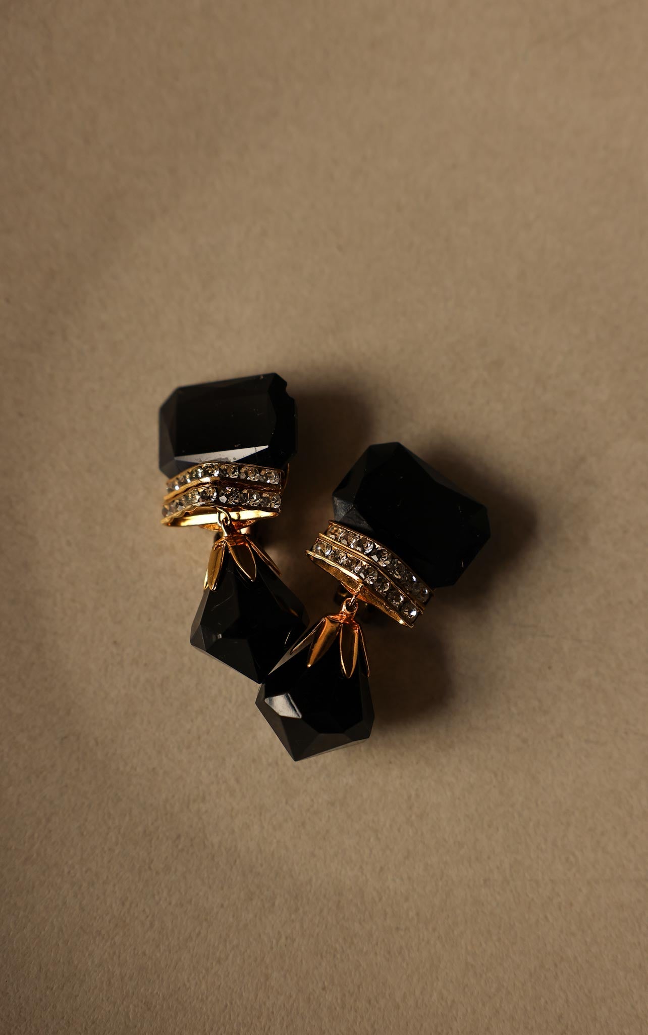 Black Glass Drop Earrings with Rhinestone Accents|Vintage Baazaar 