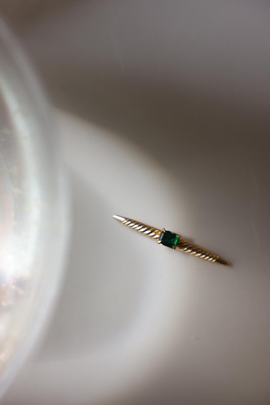 Gold-Tone Bar Brooch with Emerald-Cut Green Cabochon
