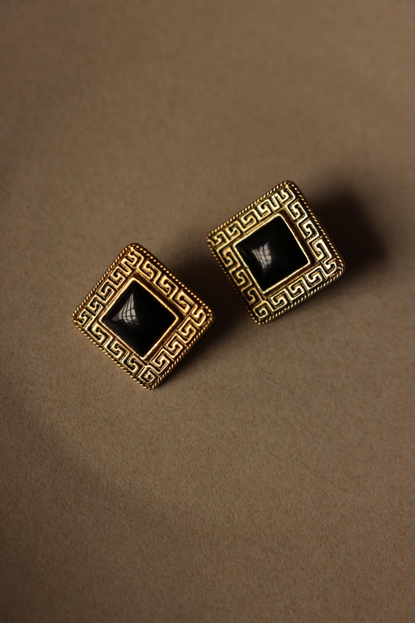 Greek Key Clip-On Earrings with Black Cabochon|Vintage Baazaar 