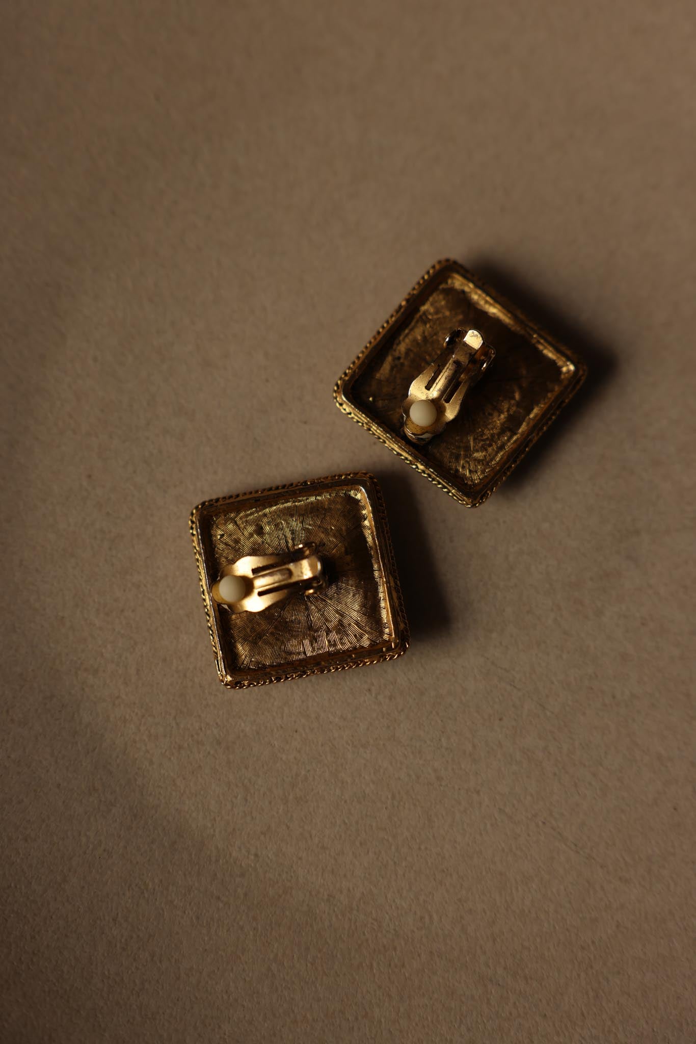 Greek Key Clip-On Earrings with Black Cabochon|Vintage Baazaar 