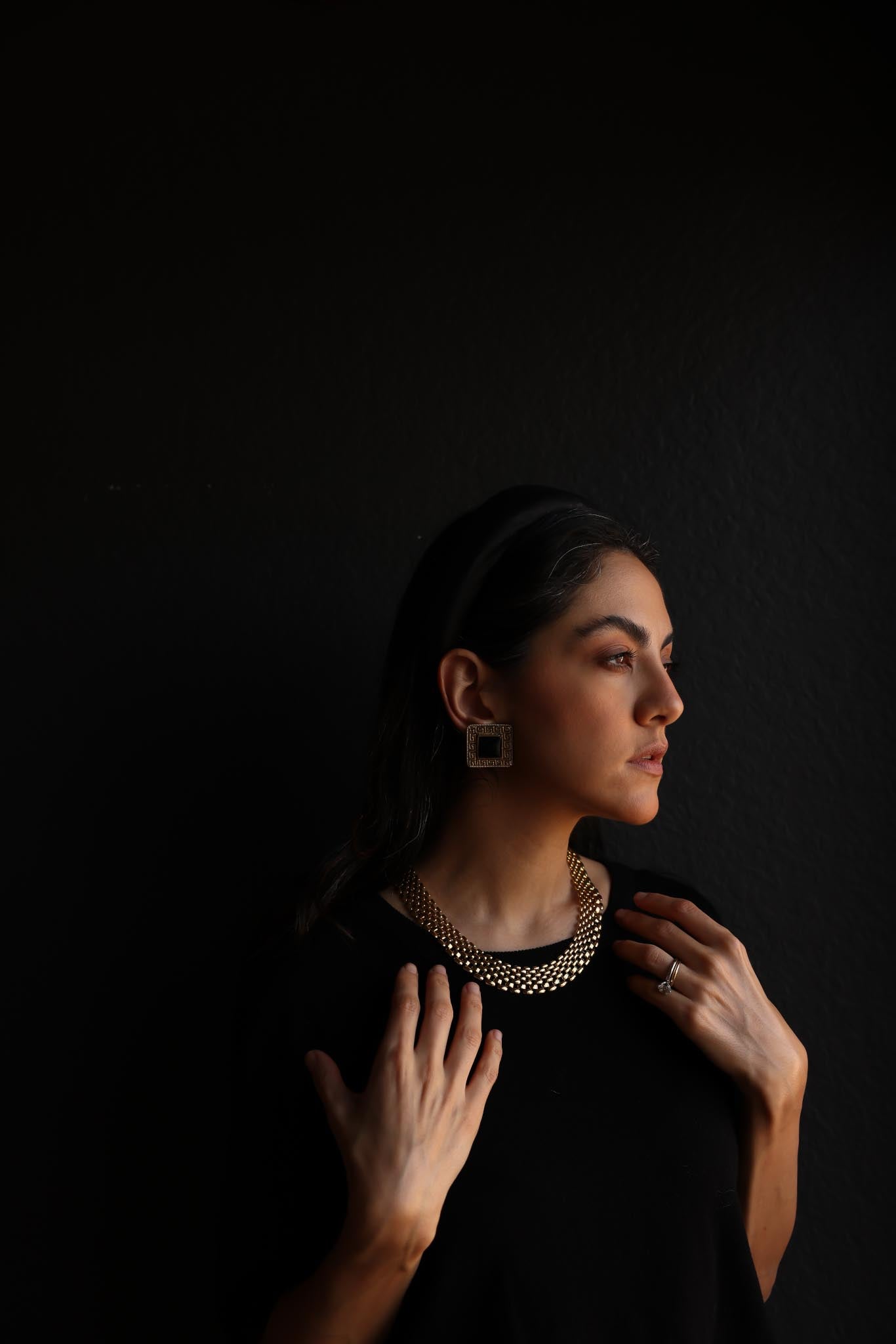 Greek Key Clip-On Earrings with Black Cabochon|Vintage Baazaar 