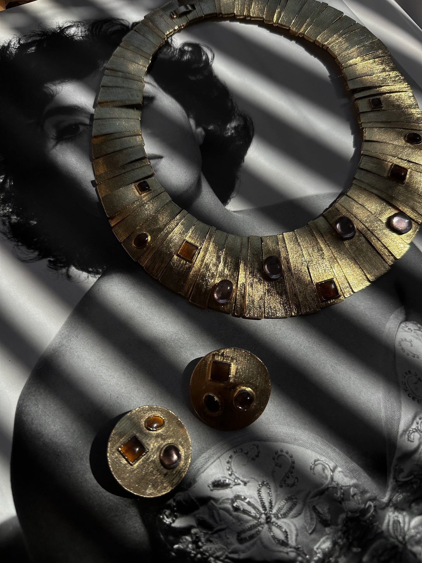 Les Bernard Unsigned Egyptian Revival Cleopatra Necklace And Earrings|Vintage Baazaar 