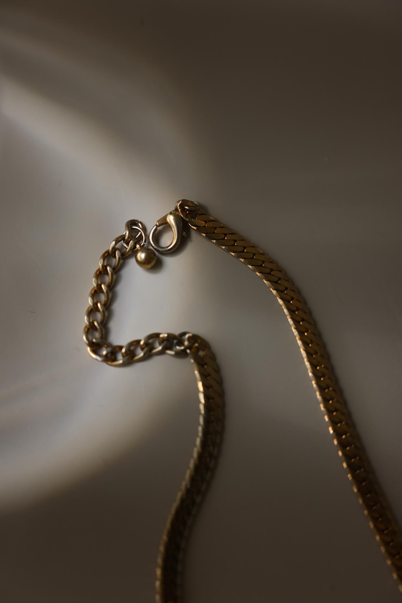 Gold Plated Herringbone Chain Necklace With Clear Rhinestone