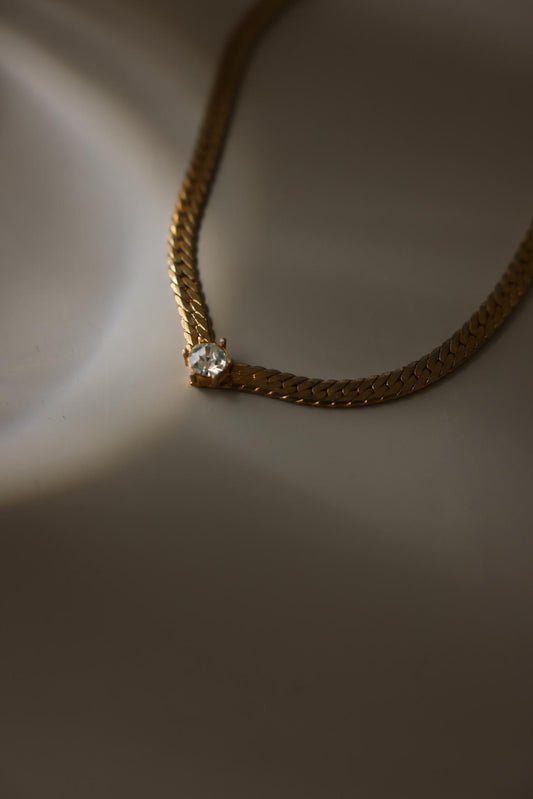 Gold Plated Herringbone Chain Necklace With Clear Rhinestone