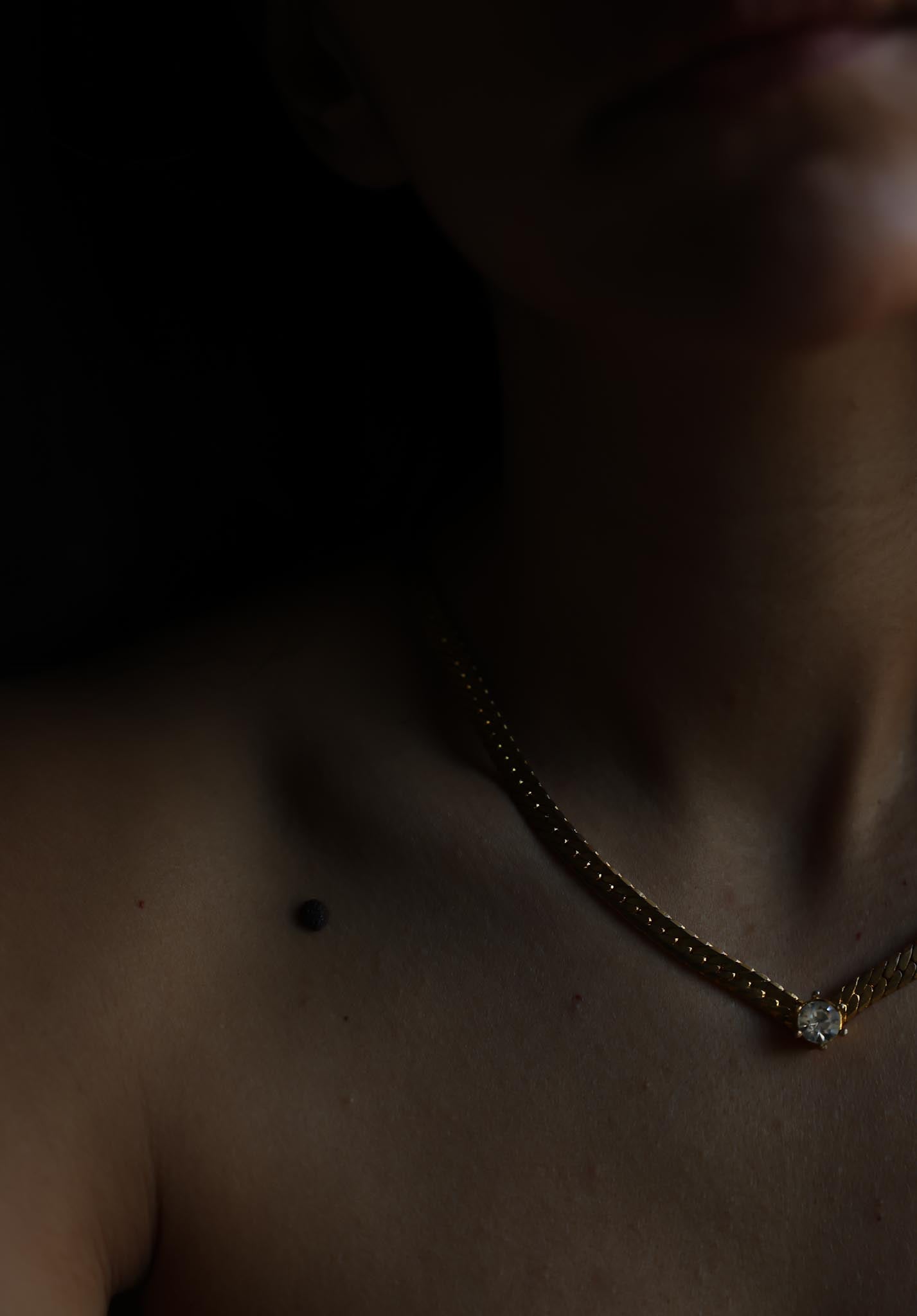 Gold Plated Herringbone Chain Necklace With Clear Rhinestone