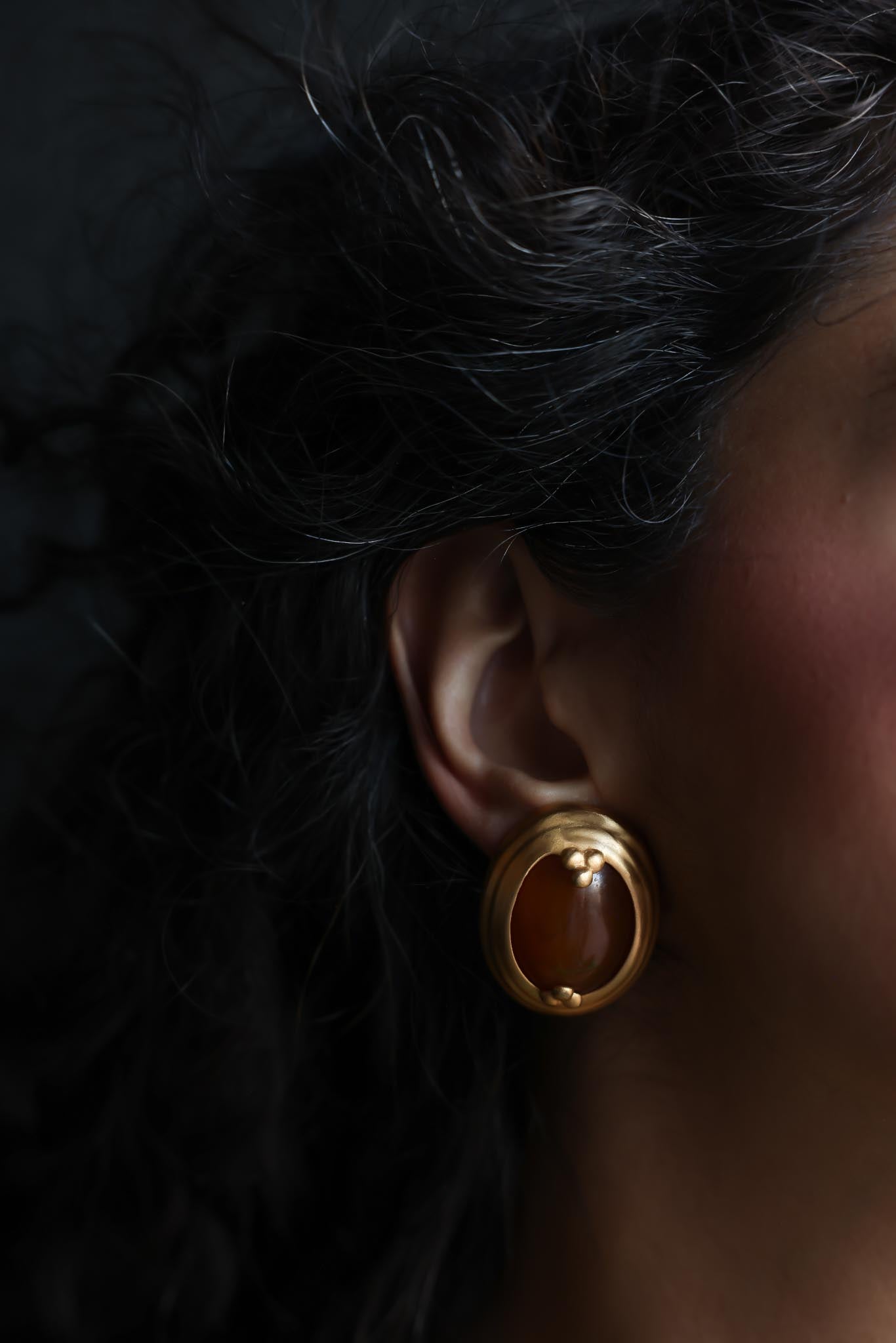 LCi Matte Gold Clip-On Earrings with Amber Cabochons