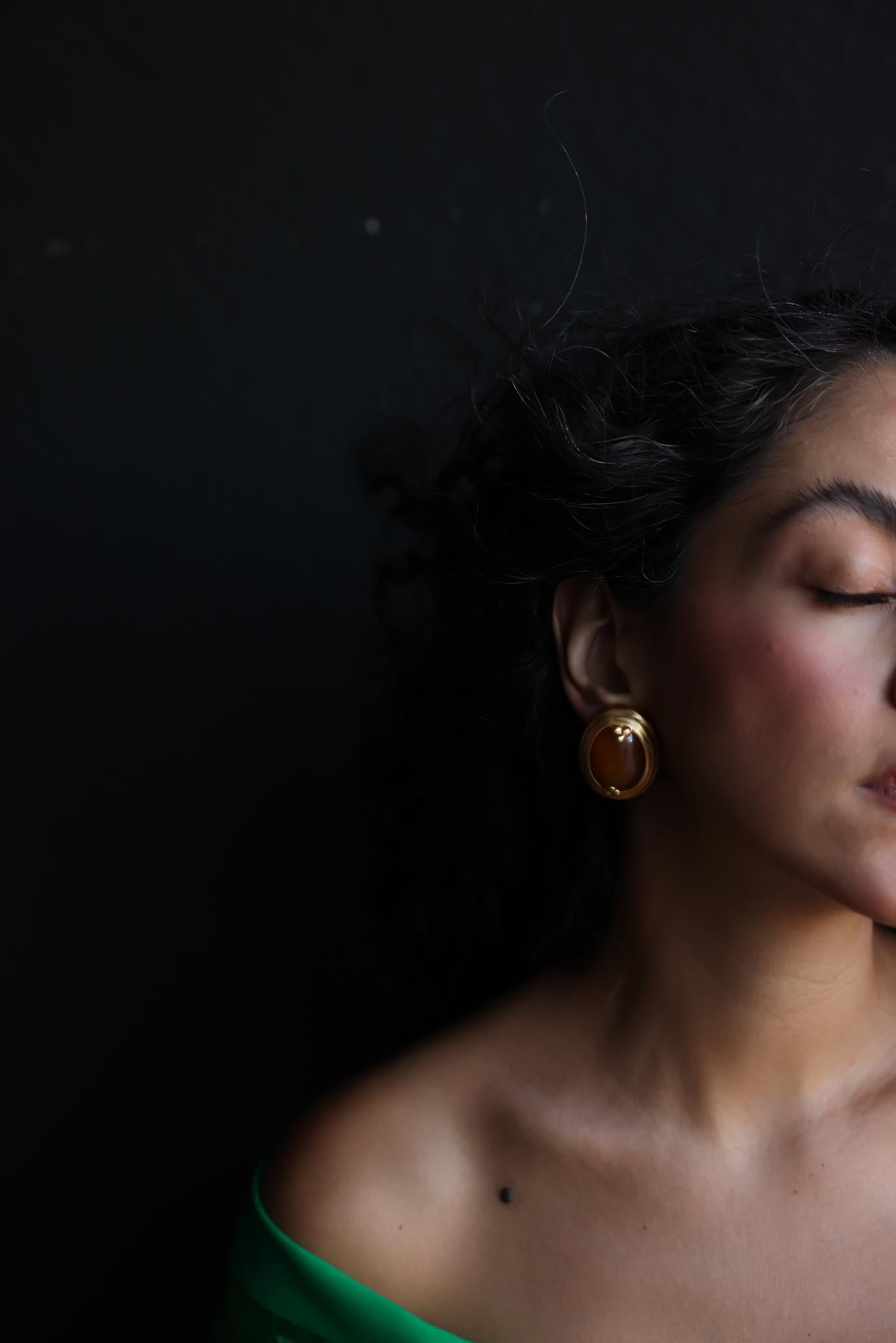LCi Matte Gold Clip-On Earrings with Amber Cabochons