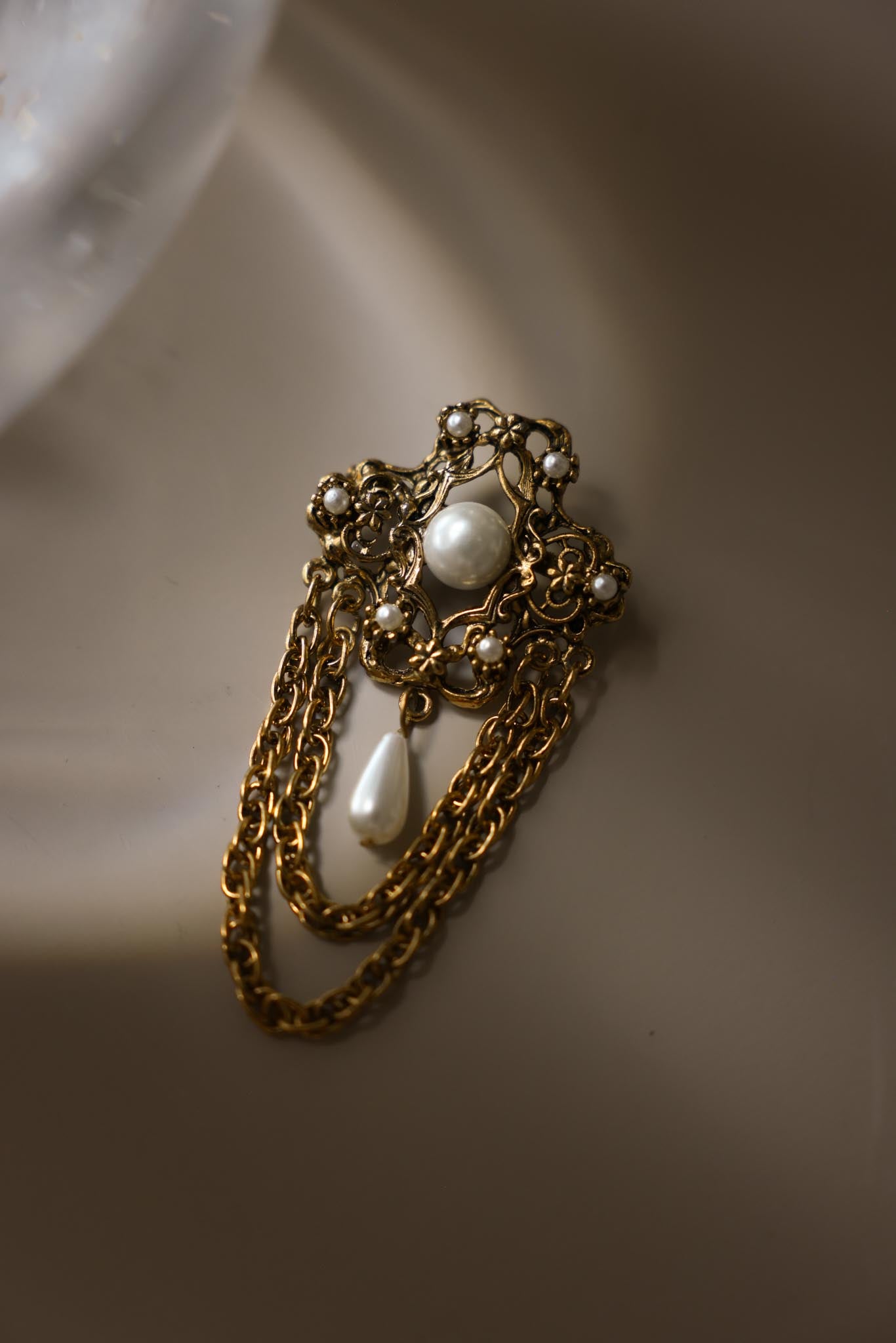Gold Tone Filigree Pearl Drop Chain Brooch