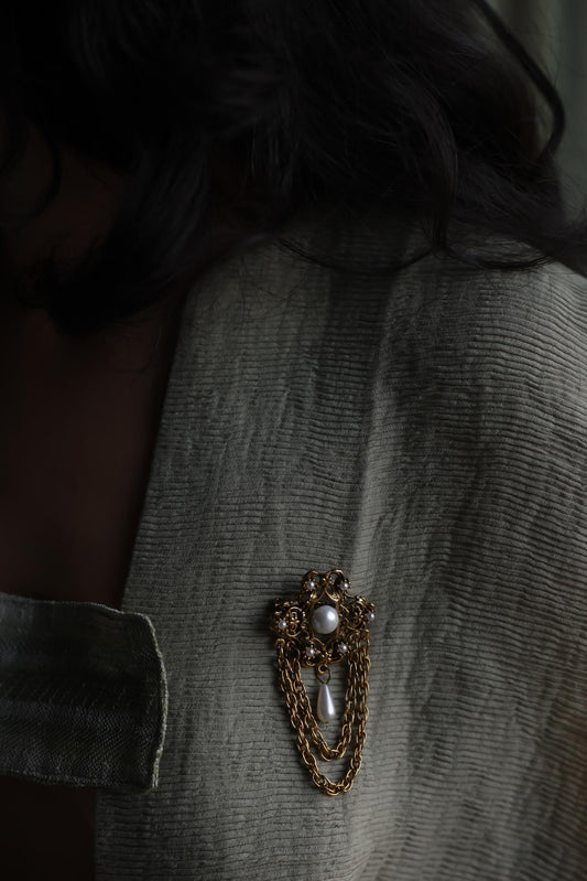 Gold Tone Filigree Pearl Drop Chain Brooch