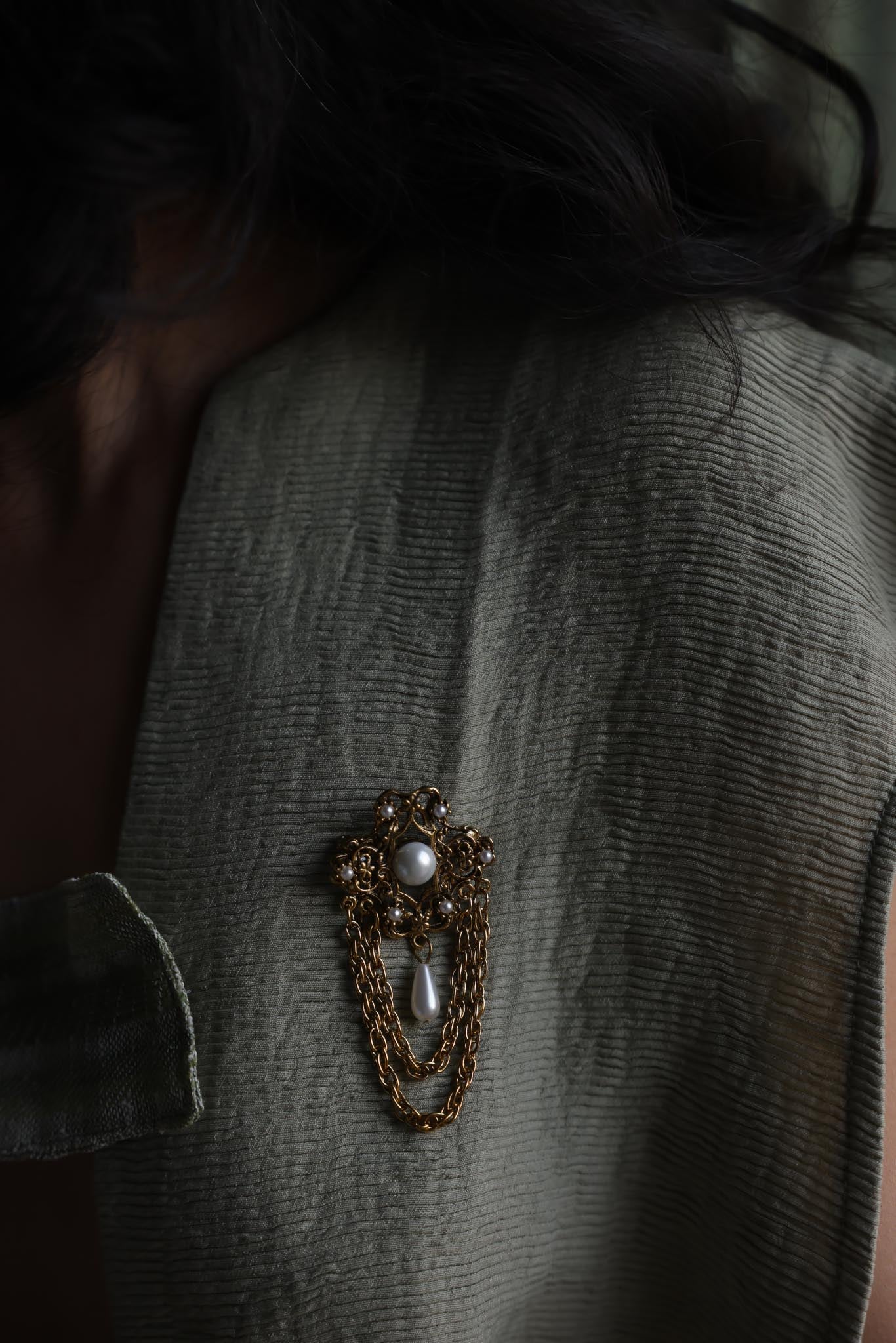 Gold Tone Filigree Pearl Drop Chain Brooch