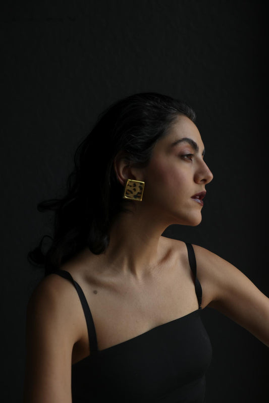 Gold Tone Leopard Print Square Clip-On Earrings