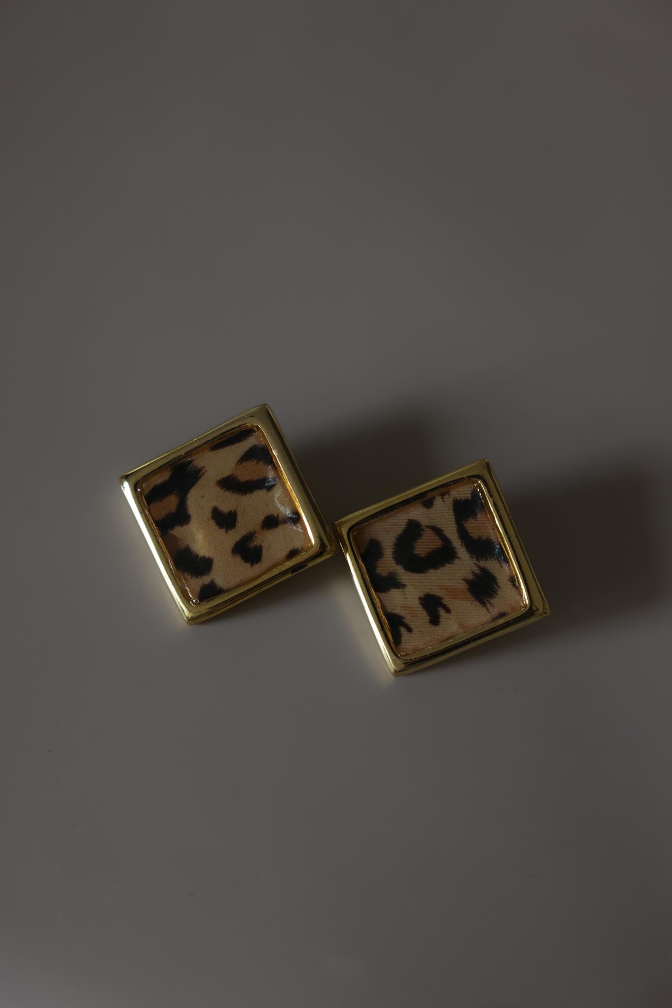 Gold Tone Leopard Print Square Clip-On Earrings