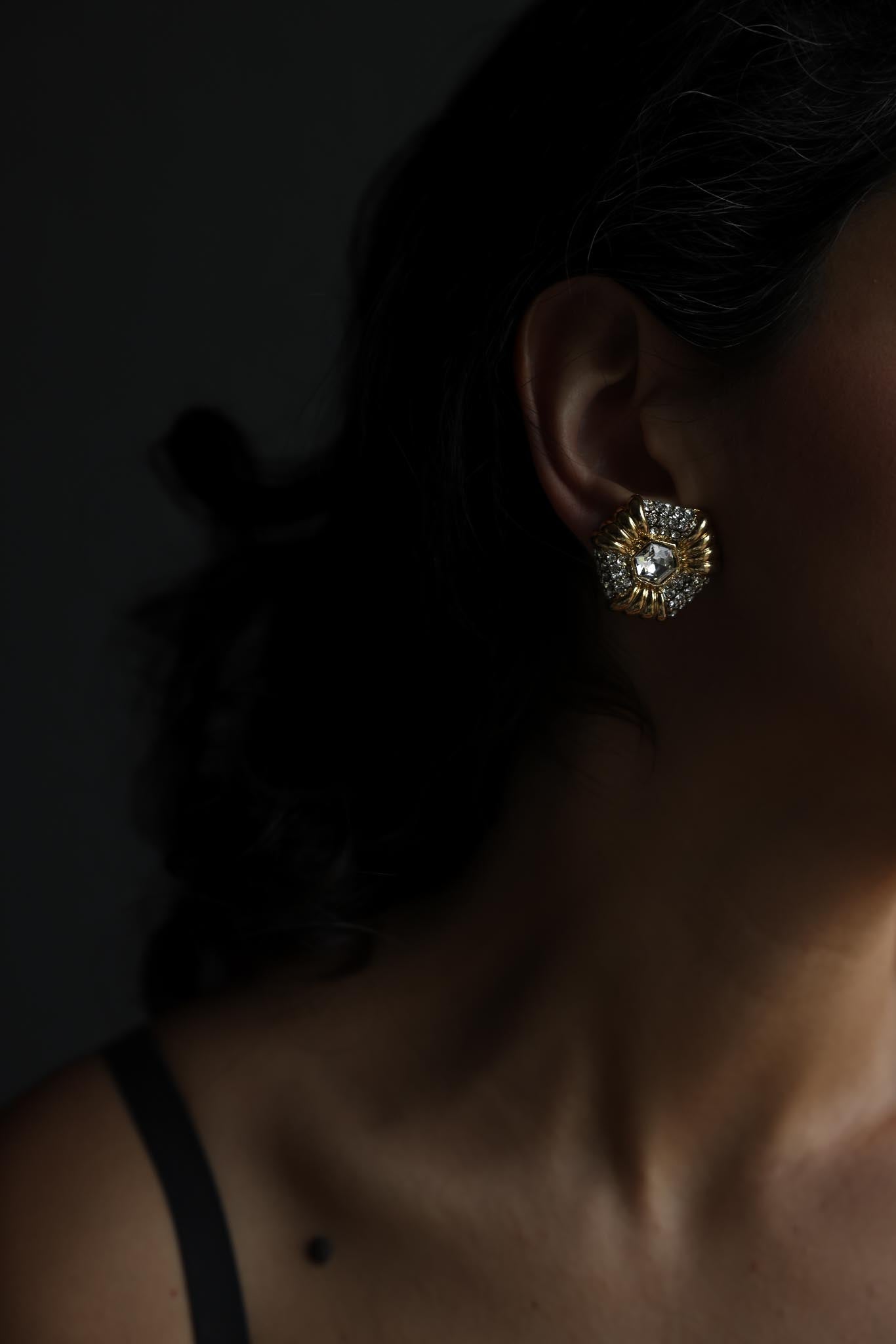 Gold Tone Rhinestone Shield Clip-On Earrings
