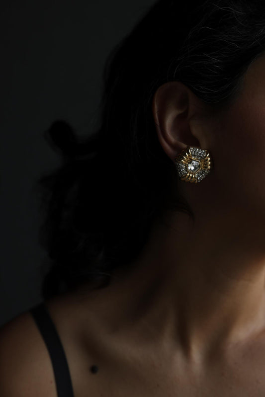 Gold Tone Rhinestone Shield Clip-On Earrings|Vintage Baazaar 
