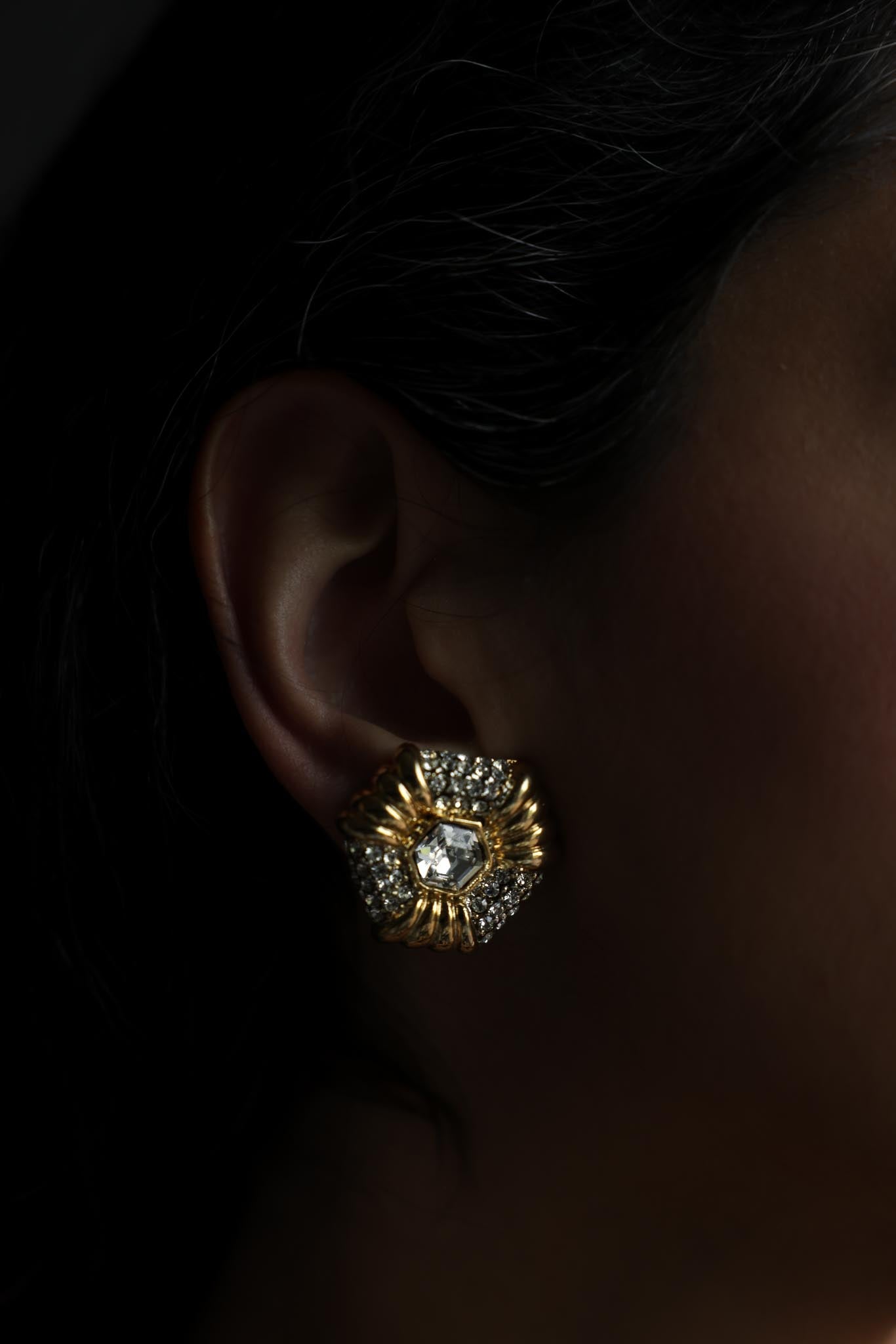 Gold Tone Rhinestone Shield Clip-On Earrings
