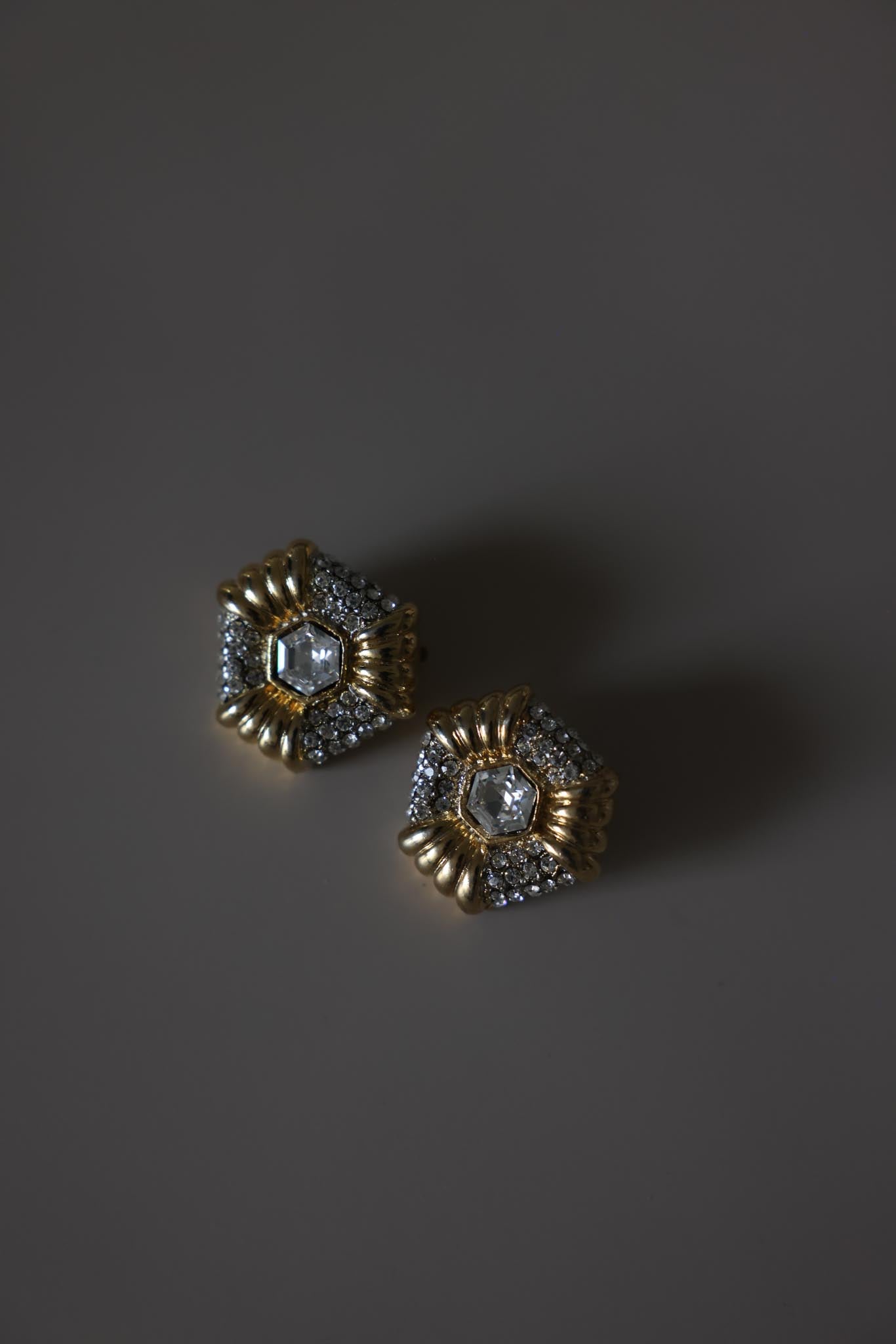 Gold Tone Rhinestone Shield Clip-On Earrings