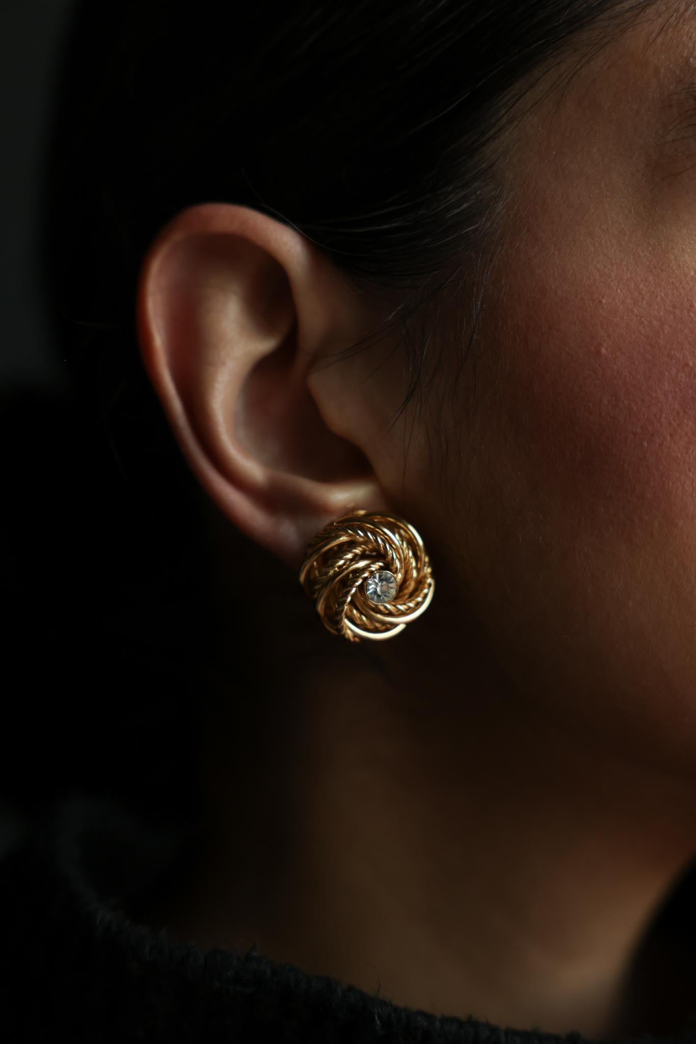 Gold Rope Swirl Clip-On Earrings with Rhinestone Center