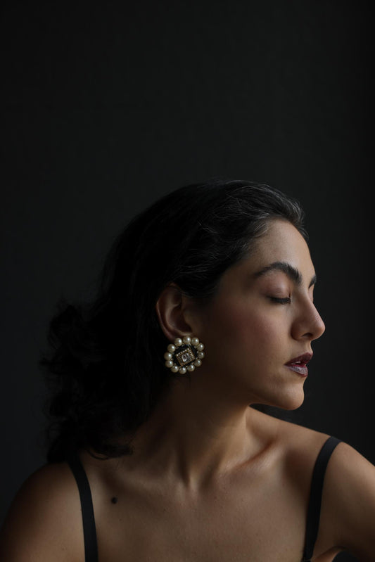 Pearl & Black Enamel Statement Clip-On Earrings|Vintage Baazaar 