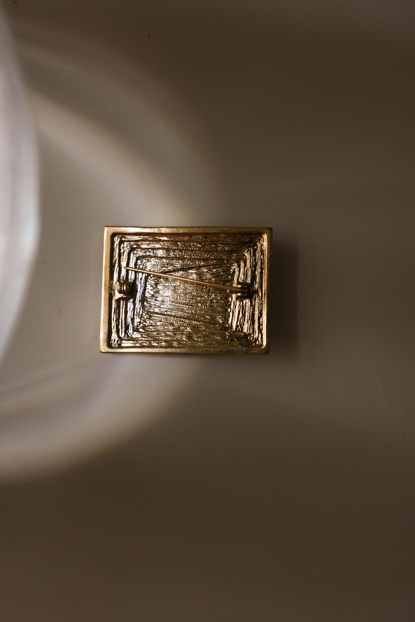 Gold Tone Geometric Brooch With Green Glass Accent|Vintage Baazaar 