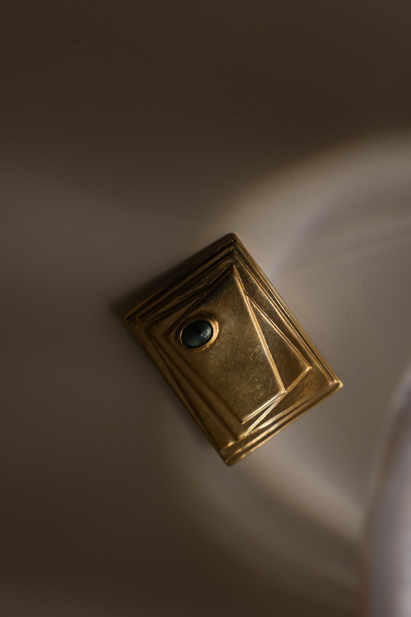Gold Tone Geometric Brooch With Green Glass Accent|Vintage Baazaar 