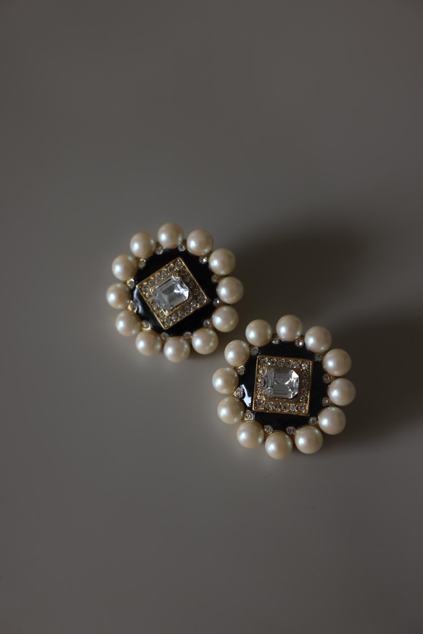 Pearl & Black Enamel Statement Clip-On Earrings