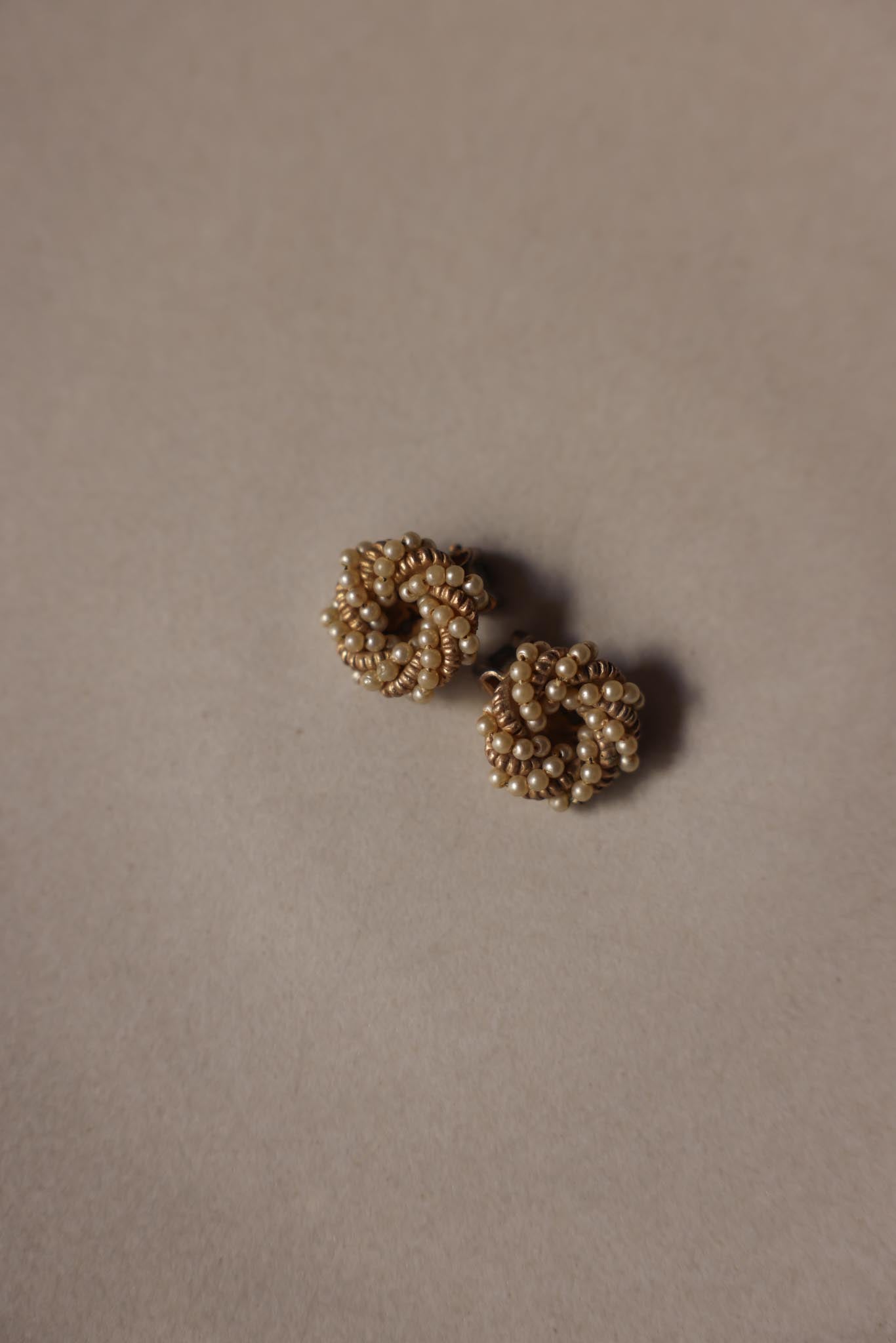 Gold Faux Pearl Woven Clip-On Earrings