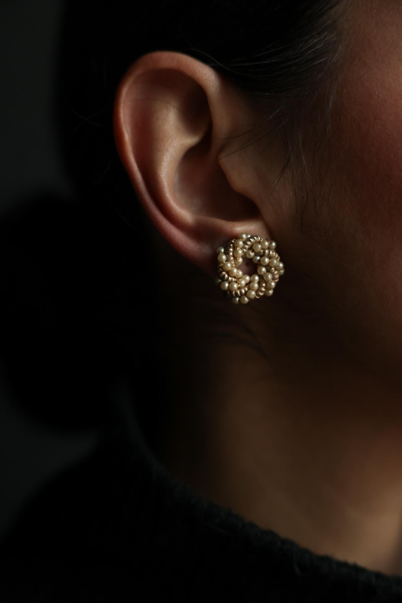 Gold Faux Pearl Woven Clip-On Earrings