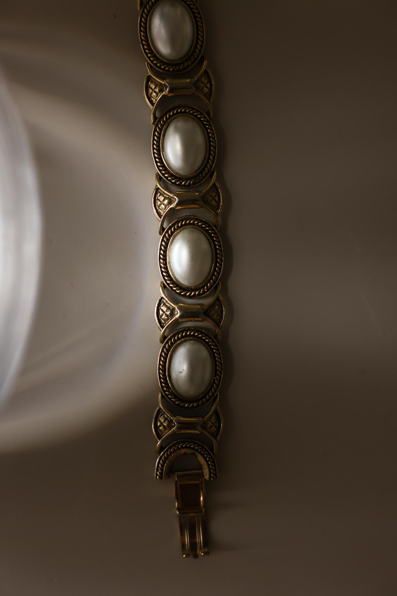 Gold Tone Faux Pearl Panel Bracelet