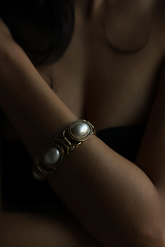 Gold Tone Faux Pearl Panel Bracelet