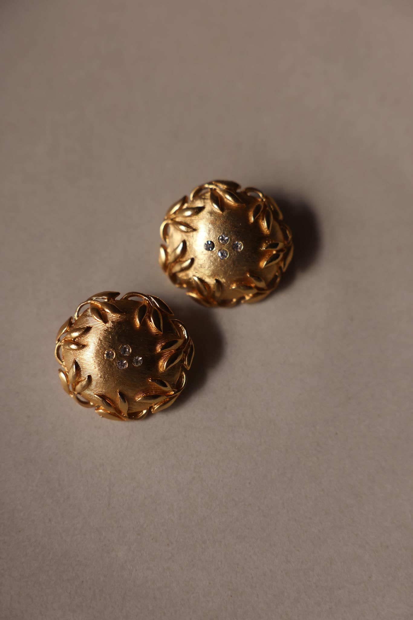 Brushed Gold Leaf Motif Clip-On Earrings with Rhinestones