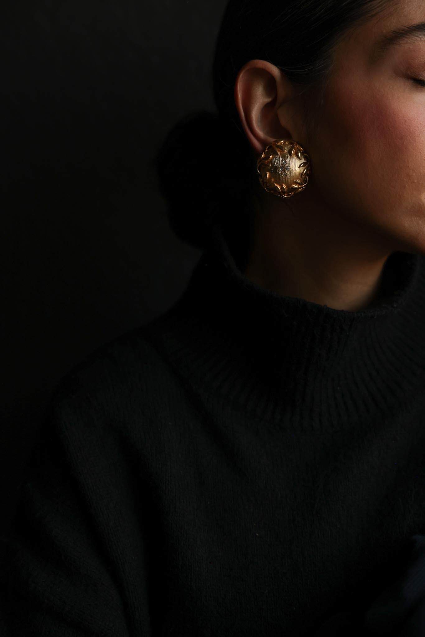 Brushed Gold Leaf Motif Clip-On Earrings with Rhinestones