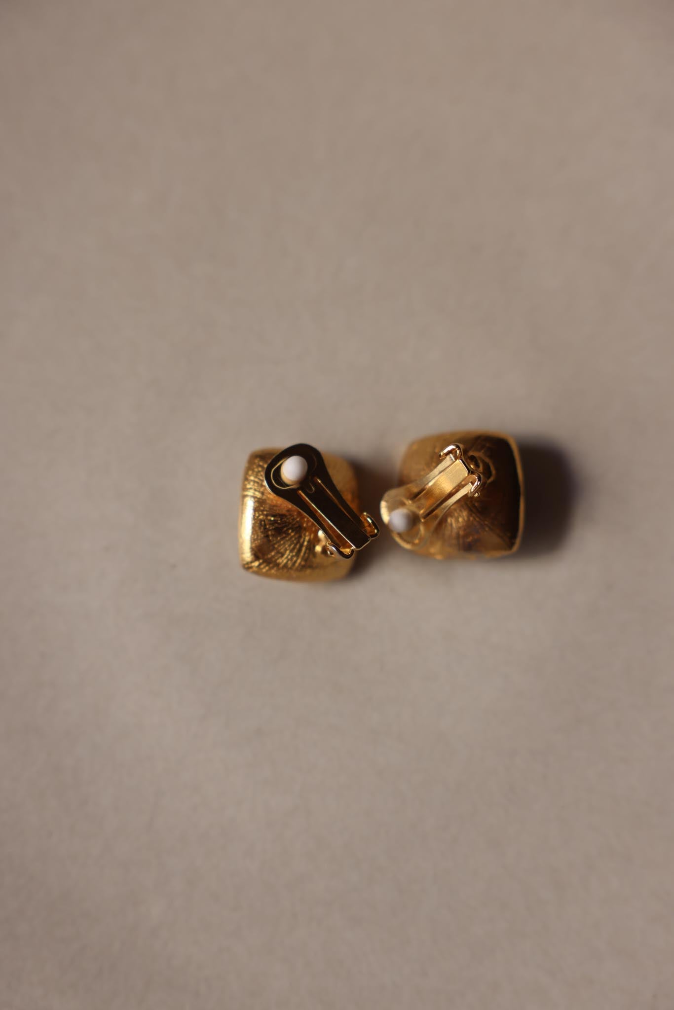 Gold Square Clip-On Earrings with Faux Pearl Center and Rhinestone Border