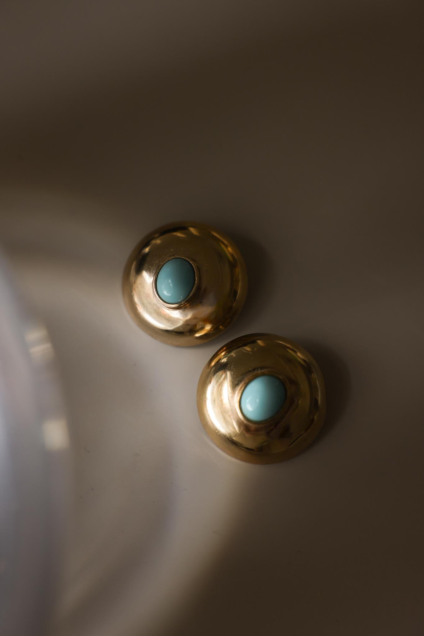 Gold Tone Turquoise Cabochon Dome Clip-On Earrings
